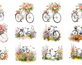 Bicycle Flowers 12 PNG Bundle | Watercolor Bicycle Flowers | Clipart | Digital Art