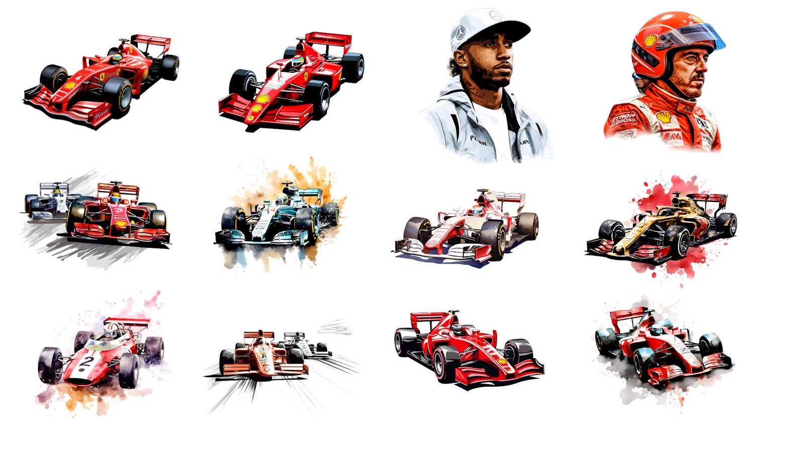F1 Cars Bundle 24 PNG Formula 1 Clipart Watercolor F1 Cars Retro F1