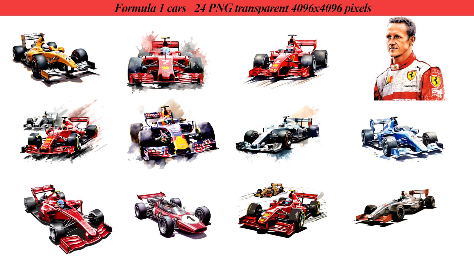 F1 Cars Bundle 24 PNG Formula 1 Clipart Watercolor F1 Cars Retro F1