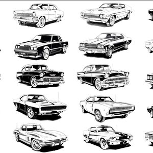 May include: A collection of 16 black and white line drawings of classic American cars from the 1960s and 1970s. The cars are all drawn in profile, with the front of the car facing the viewer. The cars are all different makes and models, including sedans, coupes, and convertibles.
