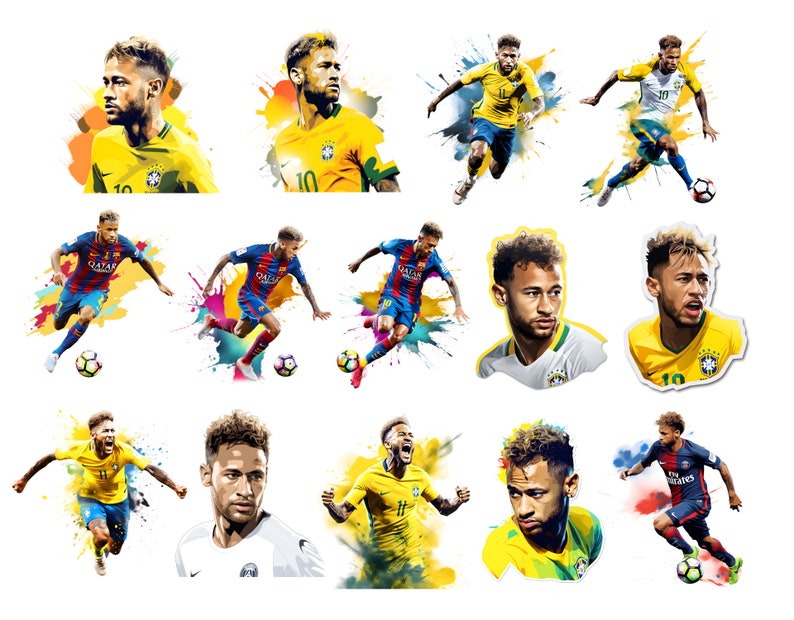 May include: A collage of images featuring a football player in various poses and uniforms. The player is wearing a yellow and green jersey with the number 10 on it, a blue and red jersey with the number 10 on it, and a blue jersey with the number 10 on it. The player is also wearing a white jersey with the number 10 on it. The images are set against a white background with splashes of colour.
