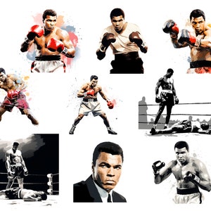 May include: A collection of watercolor-style illustrations of a boxer in various action poses. The images feature the boxer wearing red gloves and shorts, with some images showing him in the ring. The color palette includes red, white, black, and skin tones.