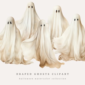 Halloween Ghosts Watercolor Clipart, Spooky Draped Ghost png, Fall Clip Art, Neutral Clipart