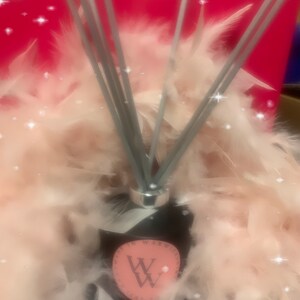 May include: A black diffuser bottle with a pink label that says "W", surrounded by white feathers.