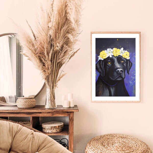 Floral Crown Labrador Digital Print – Whimsical Dog Art – Downloadable Wall Décor – Perfect for Pet Lovers & Nursery Spaces