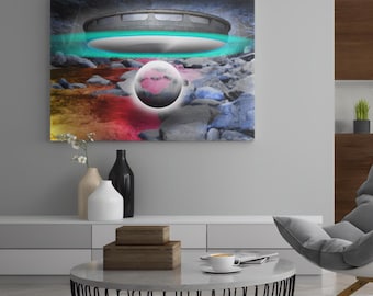 Catalyst – Futuristic UFO Hovering Over Vibrant River Rocks - Aluminum Wall Art