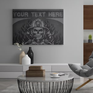 Custom Firefighter Skull Canvas – Personalized Wall Art with Helmet & Flames – Add Your Own Text – Firefighter Gift