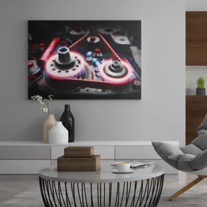 May include: Close-up of an engine's internal components, featuring a red timing belt and various gears. The image highlights the intricate details of the engine's mechanics, with a focus on the belt and pulley system. The color palette includes red, silver, and black.