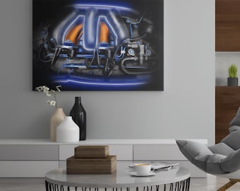 Azure Force – High-Performance Engine in Blue & Orange Detail - Aluminum Wall Art