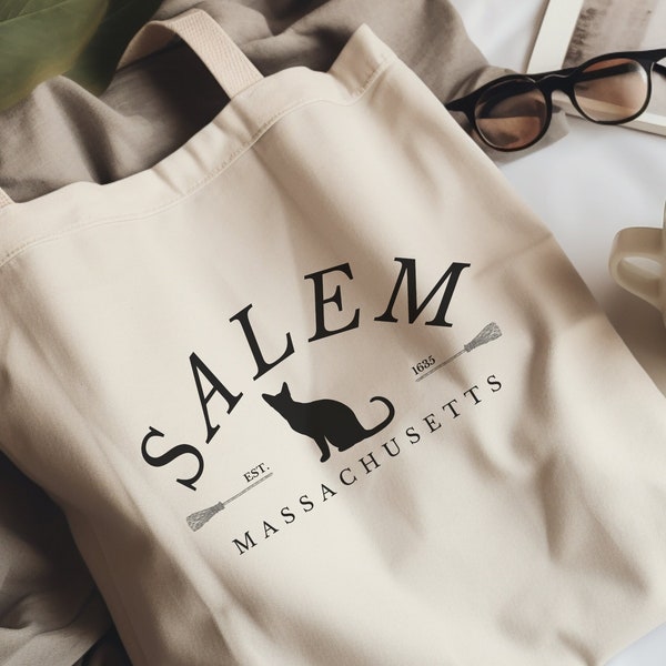 Salem Mass Black Cat Tote Bag | Witch Broom Canvas Tote | Retro Witchy | Reusable Grocery Bag | Lunch Bag | Weekender | Witch Cat