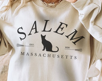 Salem Mass Black Cat Sweatshirt, Witch Broom Hoodie, Witch Trail Shirt, Halloween Cat Sweatshirt, Witchy Sweater, Vintage Retro Halloween