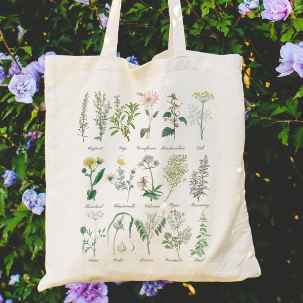 Kräuterkunde Tote Bag, Heilkräuter Leinentasche, Grüne Hexe Geschenk, Gartenarbeit Geschenk, Cottage Core Coquette Schultertasche, Botanischer Fairycore