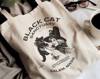 Schwarze Katzenzuhause Einkaufstasche: Retro Salem Witchy Design