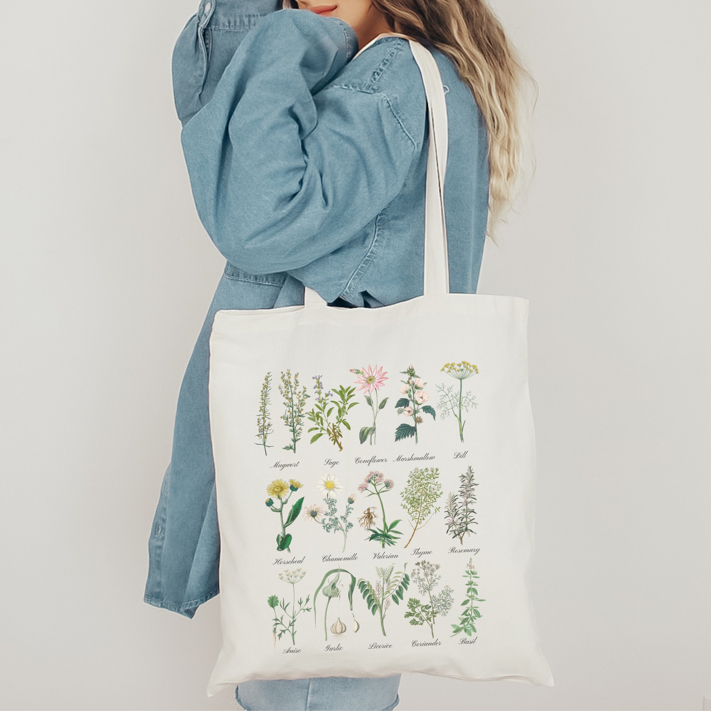Medicinal Herbs Canvas Tote Bag - Wildflower Design With Leather Strap, 15.7x12.6" Shopping Bag