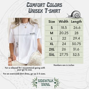 May include: White Comfort Colors unisex t-shirt with size chart. The chart shows measurements in inches for sizes S to 3XL. The text on the image says "For a relaxed fit I recommend going with your go-to size."
