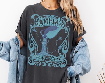 Aquarius Shirt: Comfort Colors Blue Zodiac Gift Hand Drawn Astrology The Water Bearer Air Sign January 19 February 20 Birthday