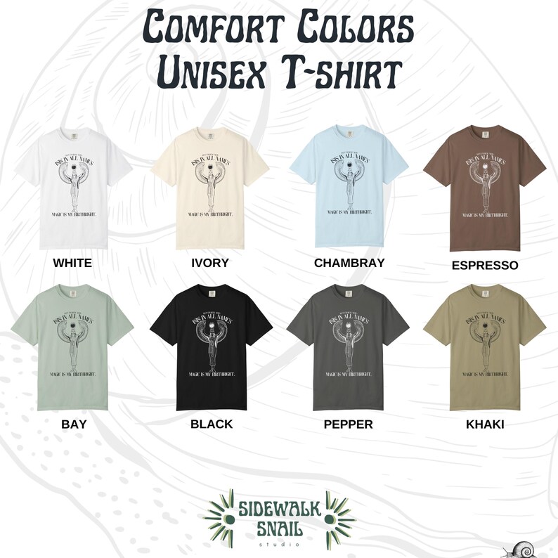 May include: A collection of unisex t-shirts in various colors, including white, ivory, chambray, espresso, bay, black, pepper, and khaki. Each shirt features a graphic design and the text "BE IN ALL VIBES". The shirts are labeled "Comfort Colors".