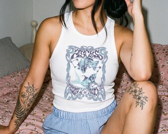 Pisces Tank Top: Women's Racer Crop Tank Blue Zodiac Gift Hand Drawn Astrology The Fish Water Sign February 17 March 22 Birthday