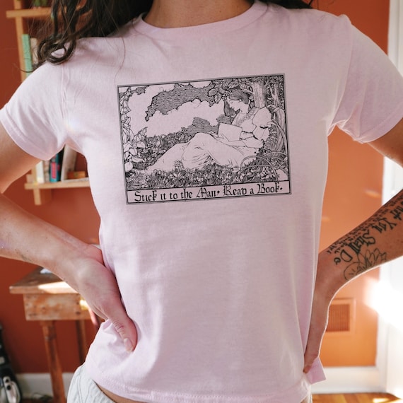 Stick it to the Man, Read a Book Shirt 90s Crop Tee Book Club Gift Reading is Radical Unisex Tee Knowledge as Resistance Whimsical Protest