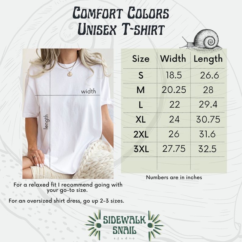 Peut inclure: Un t-shirt unisexe blanc avec un tableau des tailles indiquant la largeur et la longueur en pouces. Le tableau comprend les tailles S, M, L, XL, 2XL et 3XL. Le texte "COMFORT COLORS UNISEX T-SHIRT" est en haut de l'image.