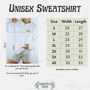 Puede incluir: Tabla de tallas para sudadera unisex con medidas en pulgadas. La tabla muestra el ancho y la longitud de la sudadera en pulgadas para las tallas S a 4X.