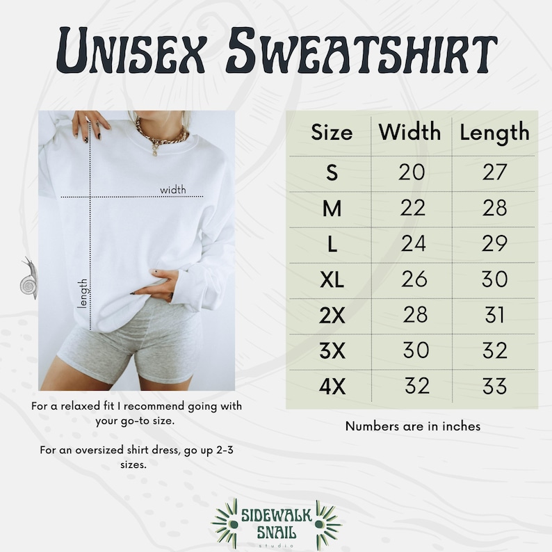 Puede incluir: Tabla de tallas para sudadera unisex con medidas en pulgadas. La tabla muestra el ancho y la longitud de la sudadera en pulgadas para las tallas S a 4X.