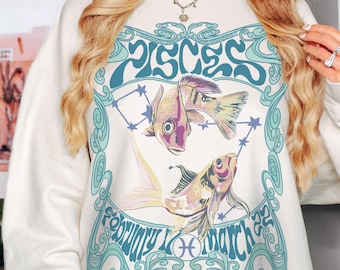 Pisces Sweater: Comfort Colors Sweatshirt Zodiac Gift Hand Drawn Astrology The Fish Water Sign February 17 to March 22 Birthday