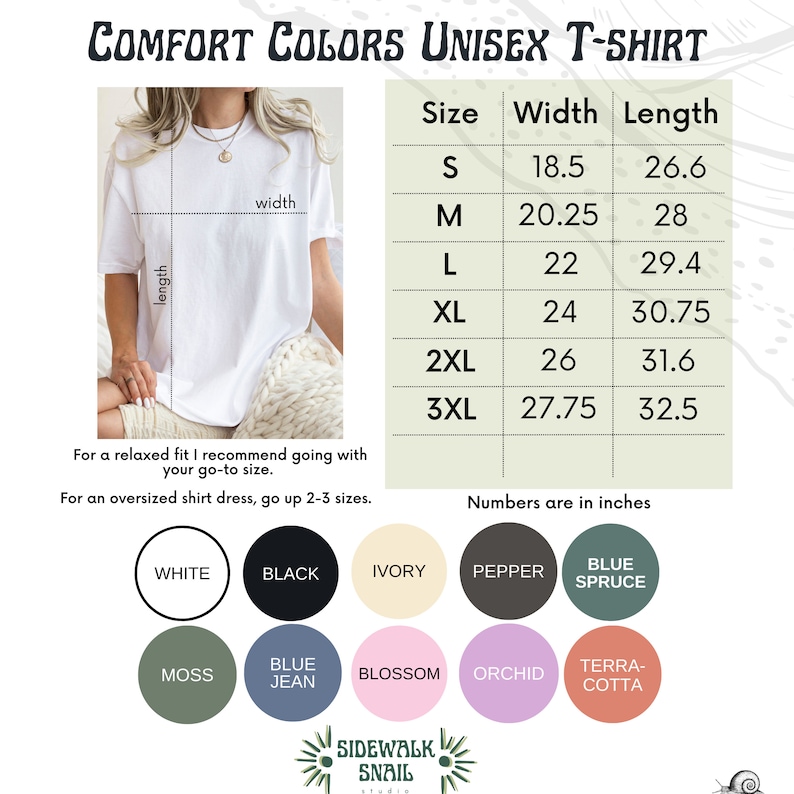 May include: White Comfort Colors unisex t-shirt with size and color options. The shirt's measurements are listed in inches, with sizes ranging from S to 3XL. Color options include white, black, ivory, and more.