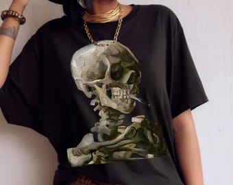 Van Gogh-shirt: comfortabele kleuren Schedel van een skelet met brandende sigaret schilderij kunstgeschiedenis cadeau