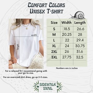May include: A size chart for a unisex t-shirt with measurements in inches. The chart shows the width and length of the shirt in sizes S, M, L, XL, 2XL, and 3XL. The text "Comfort Colors Unisex T-Shirt" is at the top of the chart.