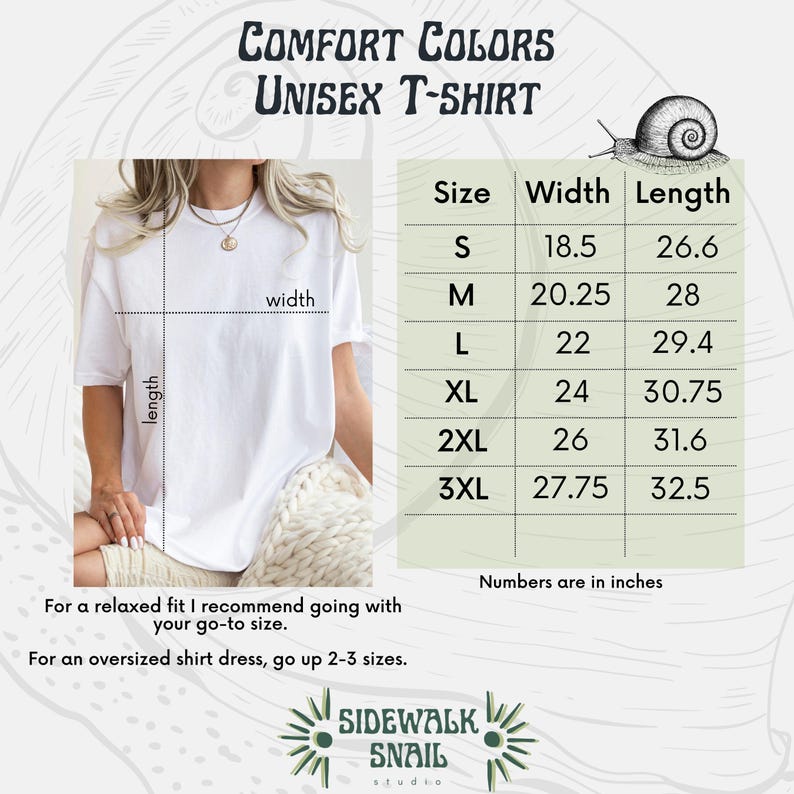 May include: A size chart for a unisex t-shirt with measurements in inches. The chart shows the width and length of the shirt in sizes S, M, L, XL, 2XL, and 3XL. The text "Comfort Colors Unisex T-Shirt" is at the top of the chart.