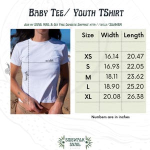 May include: White baby tee or youth t-shirt with size chart. The chart shows measurements in inches for sizes XS to XL. The text "BABY TEE / YOUTH TSHIRT" is at the top of the image.