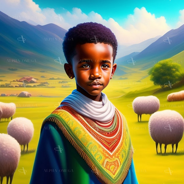 Vintage Bible Art The Shepherd David, Young David of The Bible with Lamb, Christian AI art, Faith Digital Downloadable, Instant PNG Download