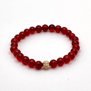 Red Jade & 14K Solid Gold | Healing Gemstone Energy Crystal | 6mm Beaded Stretch Bracelet | High Quality Fashion and Wellness Gift