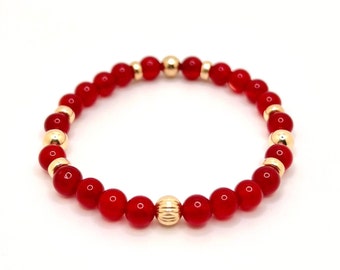Rote Jade & 14K Gold | Heilstein Energiekristall | 6 mm Perlen Stretch Armband | Hochwertiges Mode- und Wellnessgeschenk