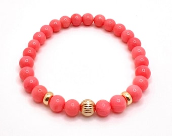 Pink Coral & 14K Solid Gold | Healing Gemstone Energy Crystal | 6mm Beaded Stretch Bracelet | High Quality Fashion and Wellness Gift