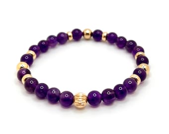 Lila Amethyst & 14K Gold | Heilstein Energiekristall | 6 mm Perlen Stretch Armband | Hochwertiges Mode- und Wellnessgeschenk