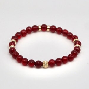 Red Jade & 14K Solid Gold | Healing Gemstone Energy Crystal | 6mm Beaded Stretch Bracelet | High Quality Fashion and Wellness Gift