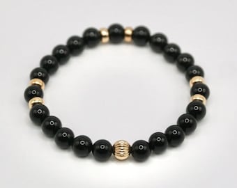 Turmalina Negra e Ouro Maciço 14K | Cristal de Energia com Pedras Preciosas Curativas | Pulseira Elástica com Contas de 6 mm | Presente de Alta Qualidade para Moda e Bem-Estar