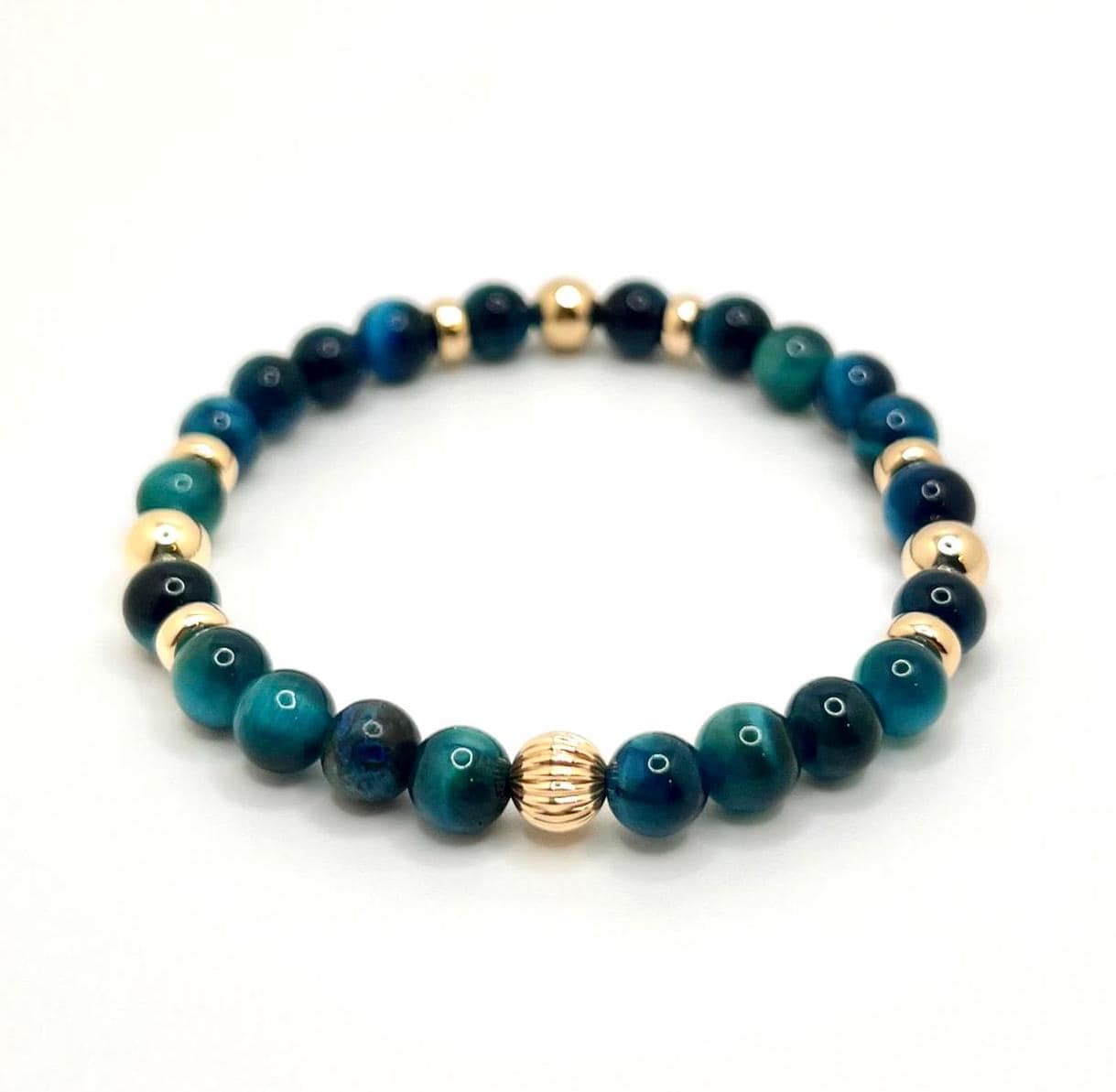Blaues Tigerauge & 14K Gold | Heilstein Energiekristall | 6 mm Perlen Stretch Armband | Hochwertiges Mode- und Wellnessgeschenk