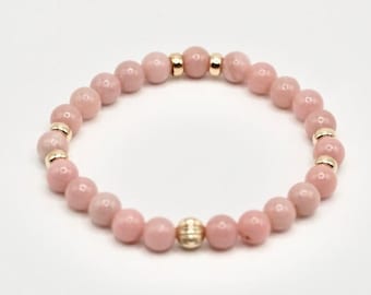 Opala rosa e ouro maciço 14K | Cristal de energia de pedra preciosa de cura | Pulseira elástica de contas de 6 mm | Presente de moda e bem-estar de alta qualidade