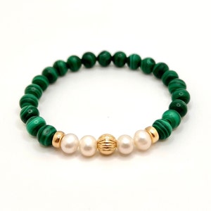 Green Malachite w Pearl & 14K Solid Gold | Healing Gemstone Energy Crystal | 6mm Beaded Stretch Bracelet | Quality Fashion and Wellness Gift
