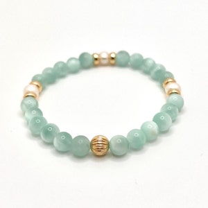 Green Moonstone w Pearl & 14K Solid Gold | Healing Gemstone Energy Crystal | 6mm Beaded Stretch Bracelet | Quality Fashion and Wellness Gift