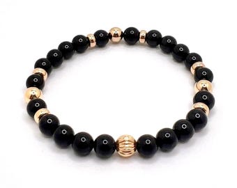 Schwarzer Turmalin & 14K Gold | Heilstein Energiekristall | 6 mm Perlen Stretch Armband | Hochwertiges Mode- und Wellnessgeschenk