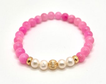 Pink Jade w Pearl & 14K Solid Gold | Healing Gemstone Energy Crystal | 6mm Beaded Stretch Bracelet | High Quality Fashion and Wellness Gift