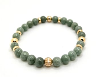 Grüne Burma Jade & 14K Gold | Heilstein Energiekristall | 6 mm Perlen Stretch Armband | Hochwertiges Mode- und Wellnessgeschenk