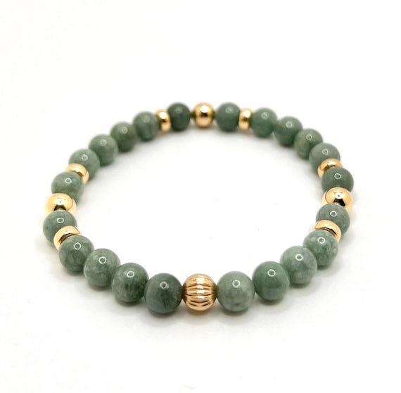 Green Burma Jade & 14K Solid Gold | Healing Gemstone Energy Crystal | 6mm Beaded Stretch Bracelet | High Quality Fashion and Wellness Gift