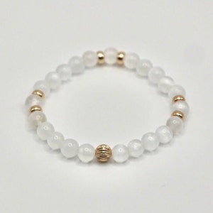 White Selenite & 14K Solid Gold | Healing Gemstone Energy Crystal | 6mm Beaded Stretch Bracelet | High Quality Fashion and Wellness Gift
