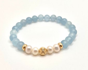 Blue Aquamarine w Pearl & 14K Solid Gold | Healing Gemstone Energy Crystal | 6mm Beaded Stretch Bracelet | Quality Fashion and Wellness Gift