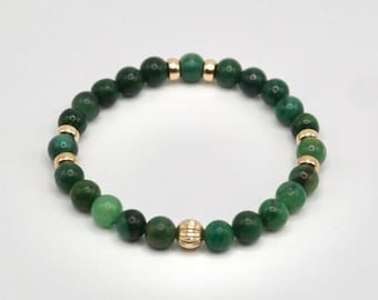Green Jade & 14K Solid Gold | Healing Gemstone Energy Crystal | 6mm Beaded Stretch Bracelet | High Quality Fashion and Wellness Gift